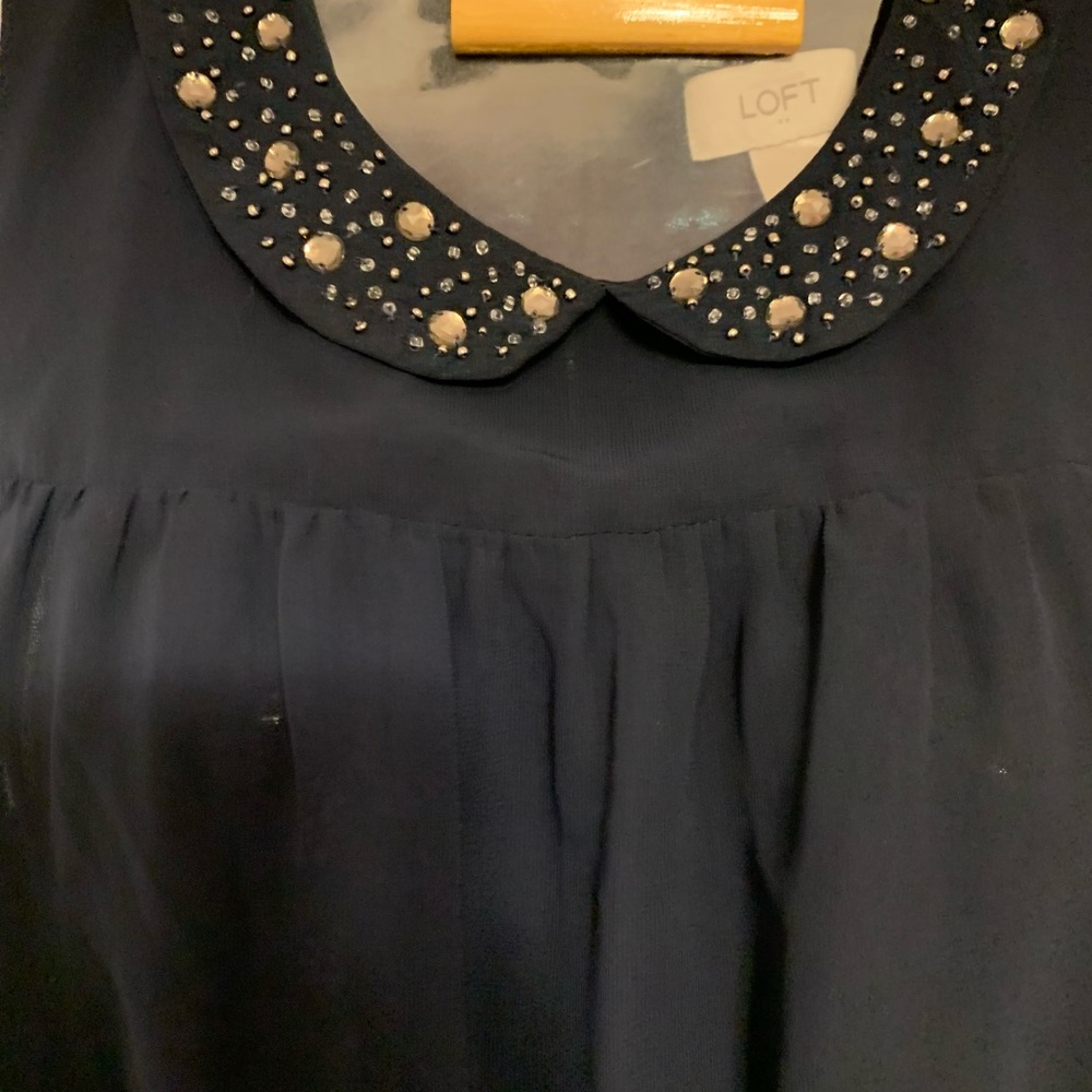 Loft Ann Taylor Navy Peter Pan Embellished Collar Dress